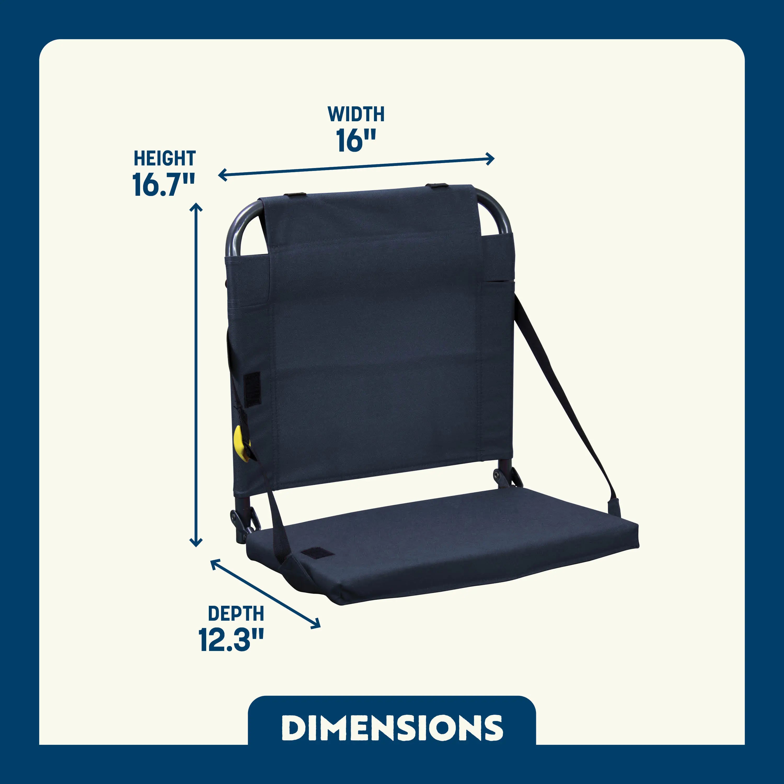Dimension overview of the BleacherBack, with labeled width, height, and seat depth shown on a lightweight stadium-style seat.