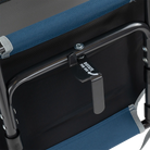 An up-close of the l-hook underneath the navy big comfort stadium chair with armrests.