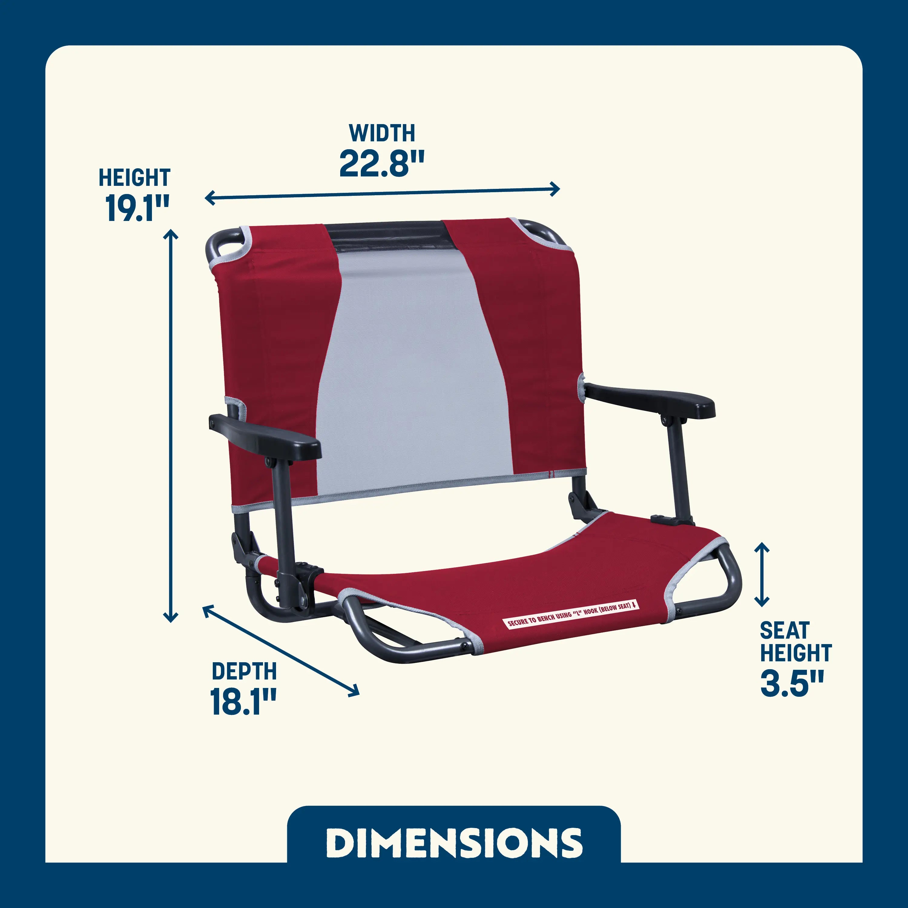 Dimension overview of the Big Comfort Stadium Chair, showing labeled seat height, width, depth, and back height.