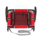 Underside of the red big comfort stadium chair with armrests with the l-hook closed.