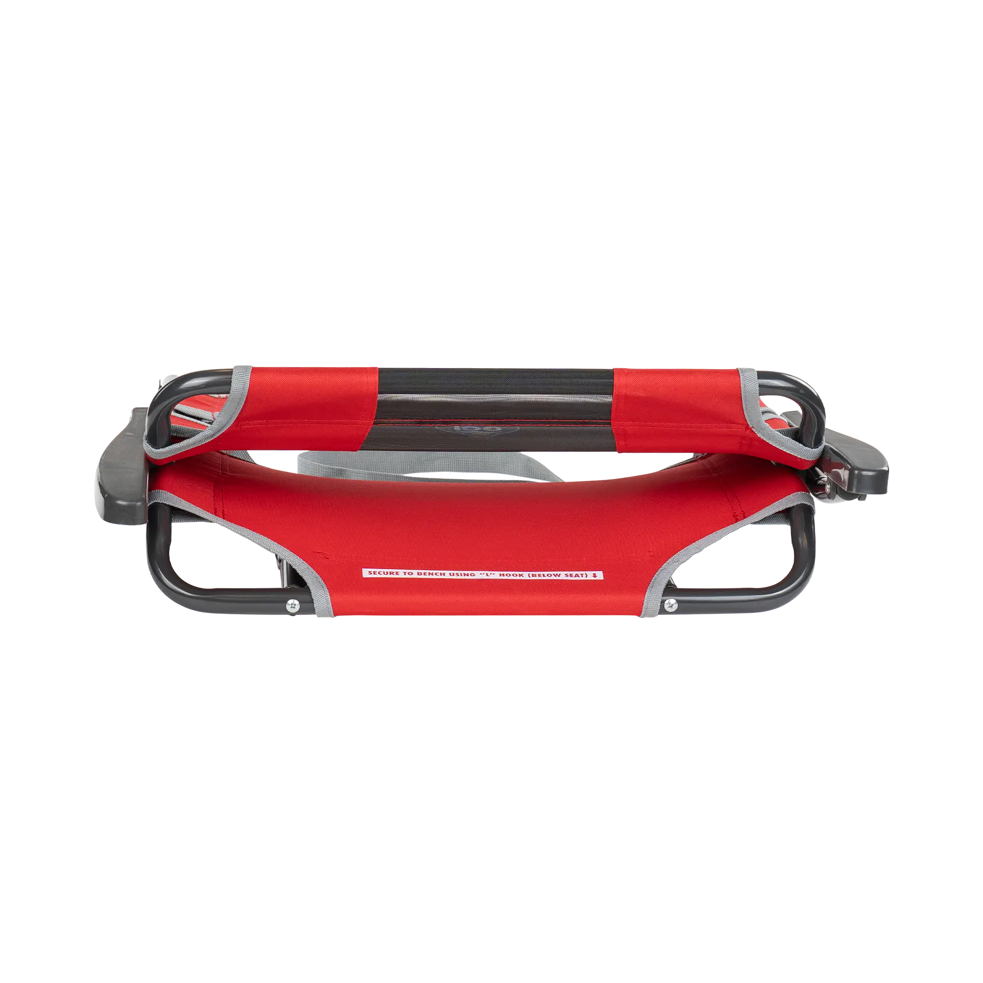 The red big comfort stadium chair with armrest folded up.