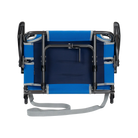 Underside of the royal blue big comfort stadium chair with armrests with the l-hook closed.