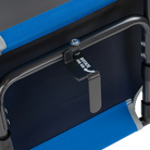 An up-close of the l-hook underneath the royal blue big comfort stadium chair with armrests.