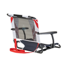 Back side of the red/white/indigo big comfort stadium chair with armrests.