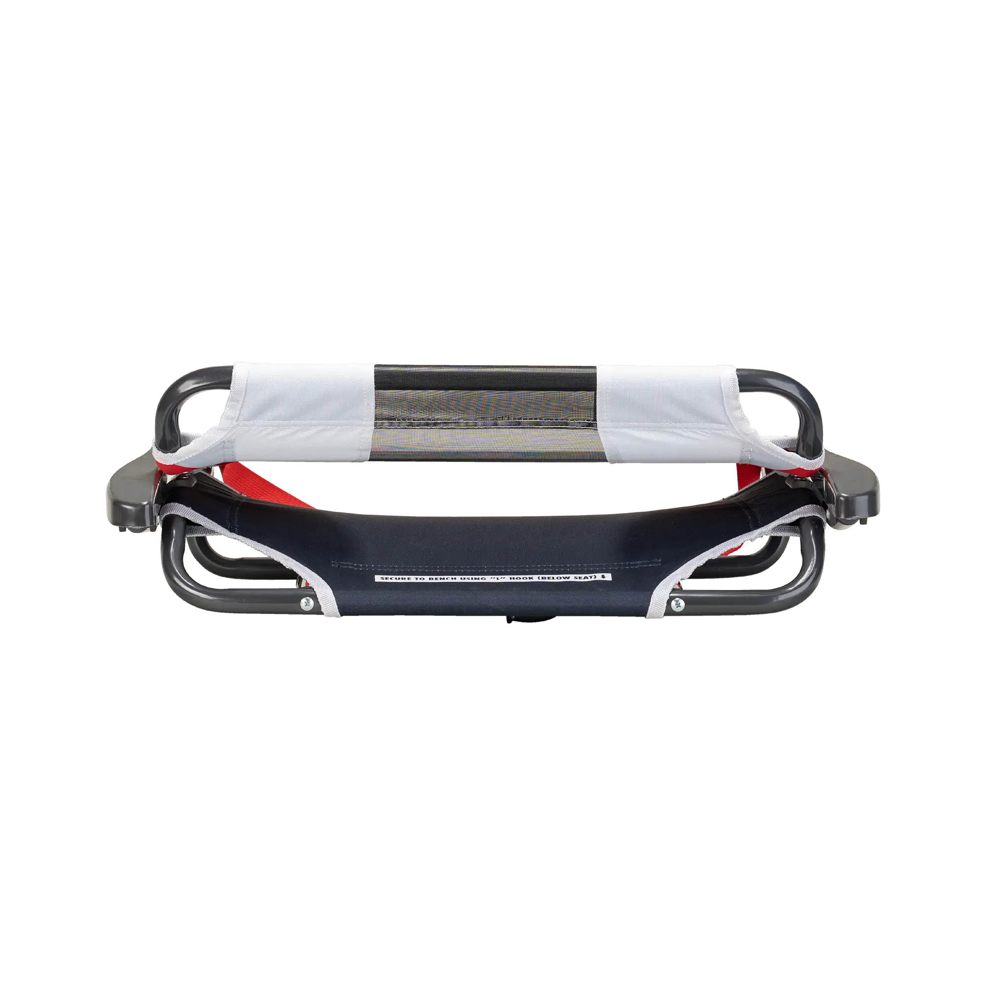 The red/white/indigo big comfort stadium chair with armrest folded up.