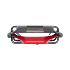 The red/gray big comfort stadium chair with armrest folded up.
