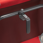 An up-close of the l-hook underneath the red/gray big comfort stadium chair with armrests.