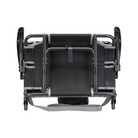 Underside of the black/gray big comfort stadium chair with armrests with the l-hook closed.