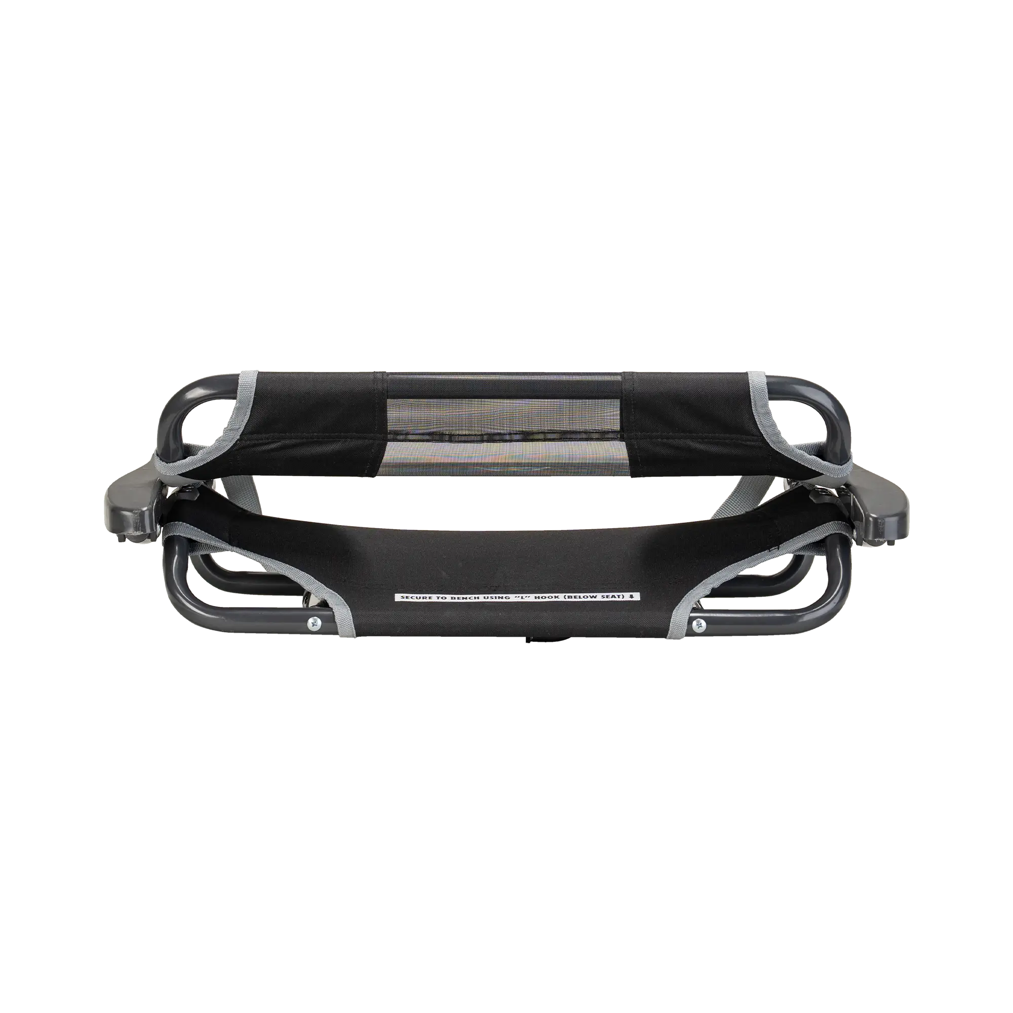 The black/gray big comfort stadium chair with armrest folded up.