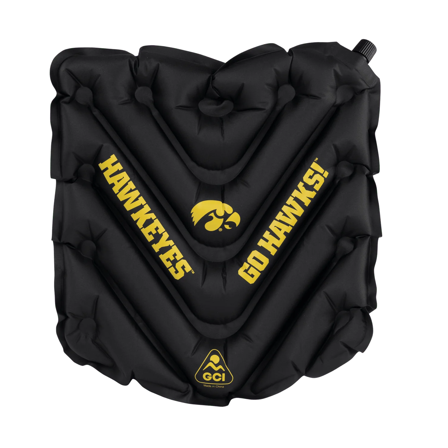 Front angle of V Seat with Iowa Hawkeyes print.