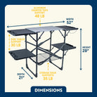 Dimension overview of the Slim-Fold Cook Station with labeled width, depth, and height, plus weight limits for aluminum top, side tables, and storage rack.