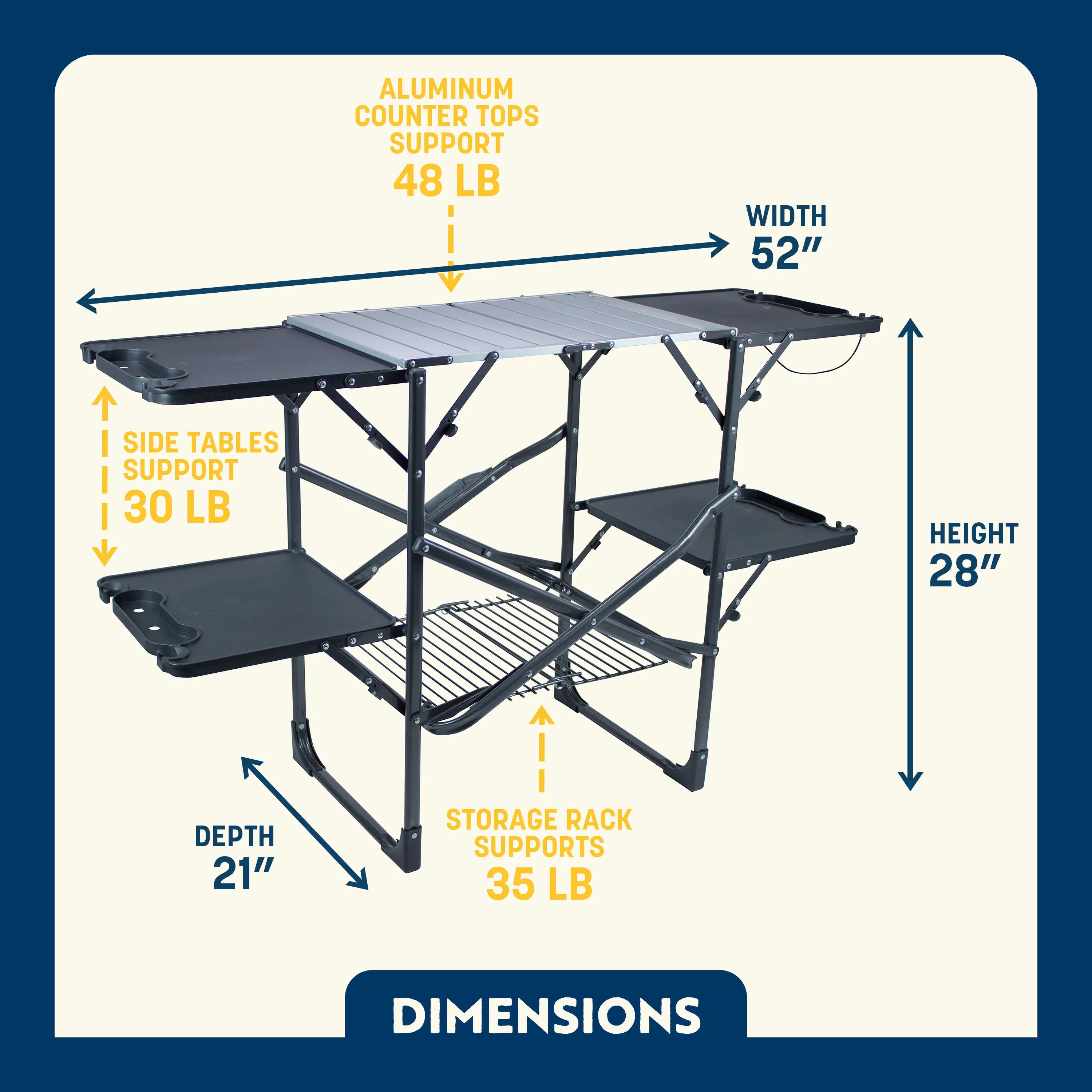 Dimension overview of the Slim-Fold Cook Station with labeled width, depth, and height, plus weight limits for aluminum top, side tables, and storage rack.