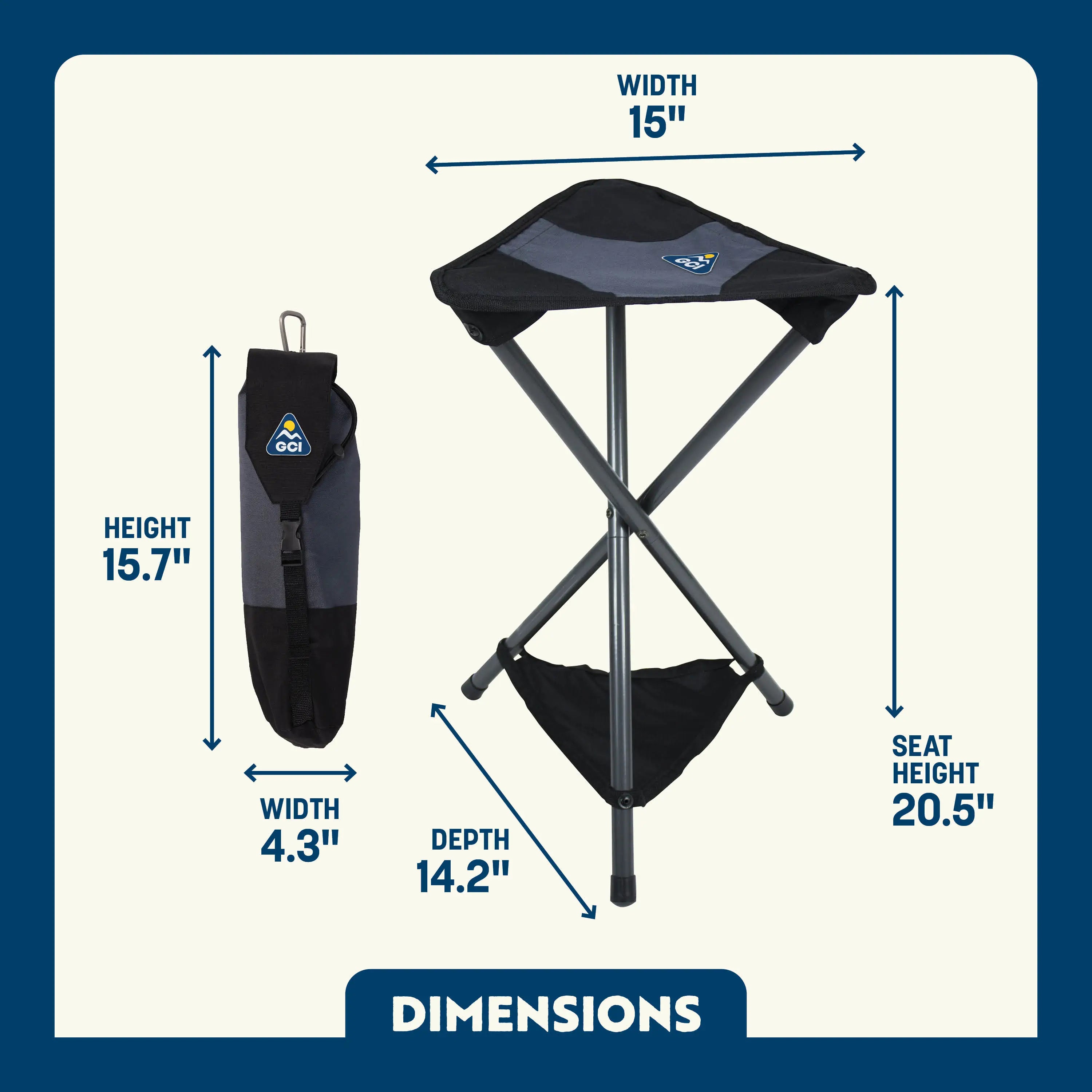 Dimension overview of the Packseat stool and its compact carry pouch, with labeled arrows showing seat height and folded size.