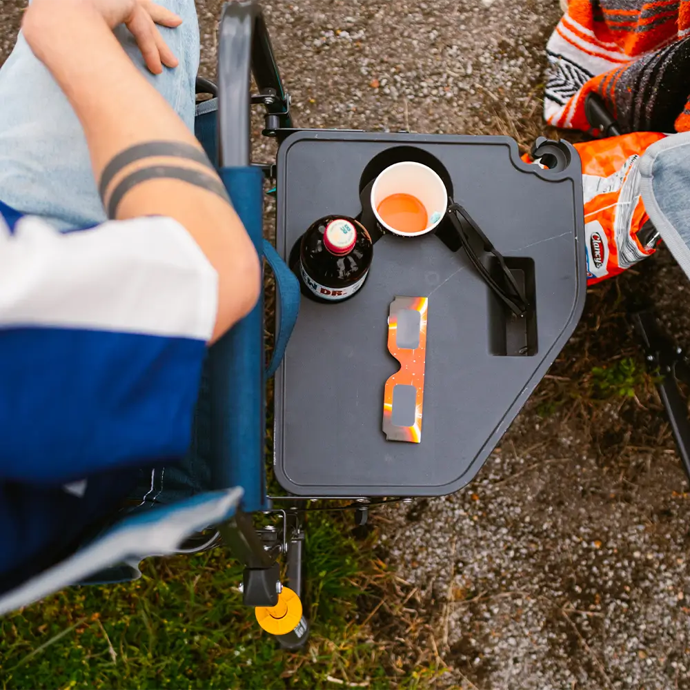A top view of the indigo side table on the freestyle rocker with side table.