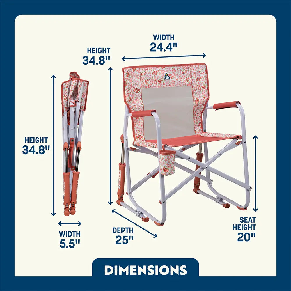 Pink Sundress Freestyle Rocker shown open and folded, with seat height, width, depth, and total height labeled.