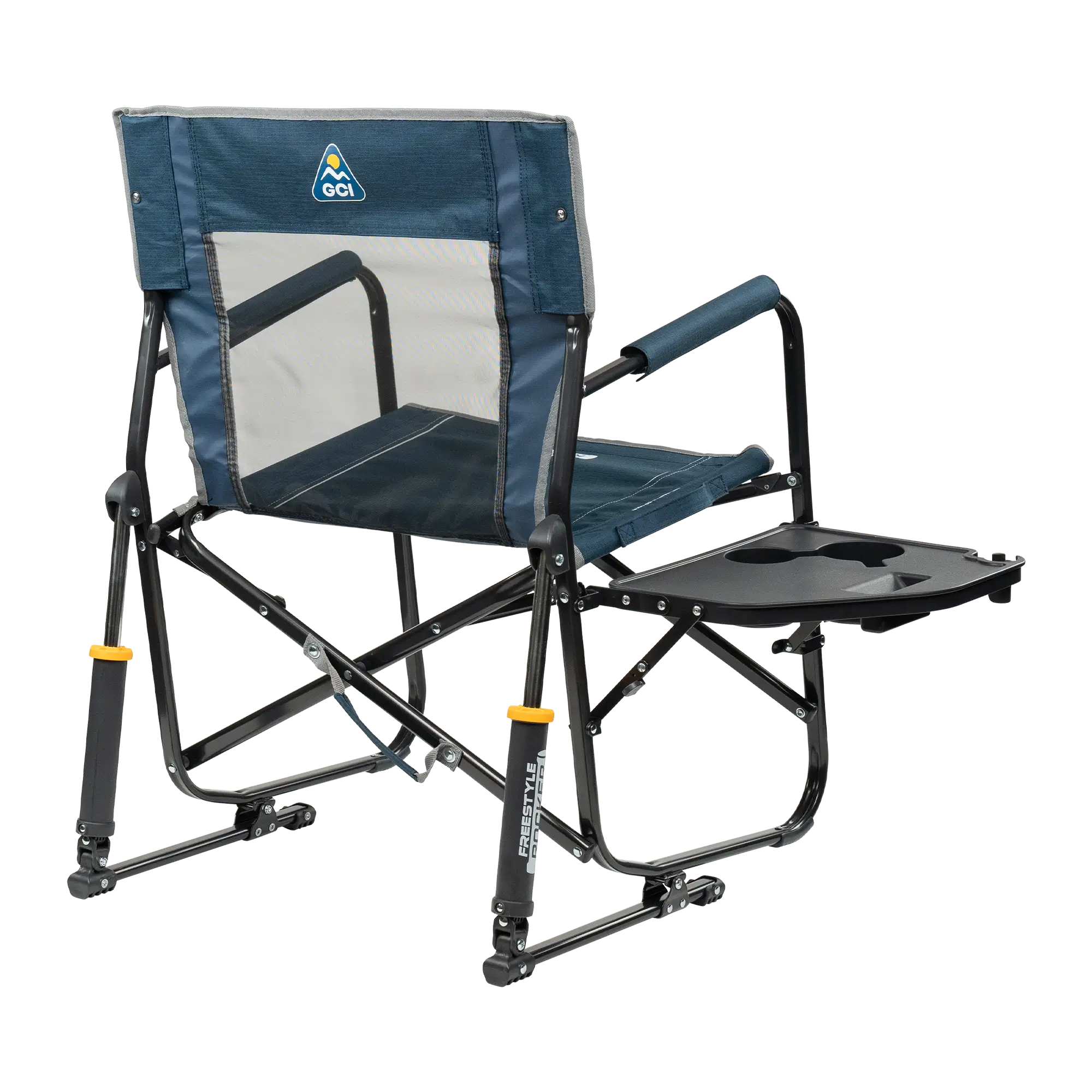 Side view of GCI Outdoor Freestyle Rockers with side tables extended.
