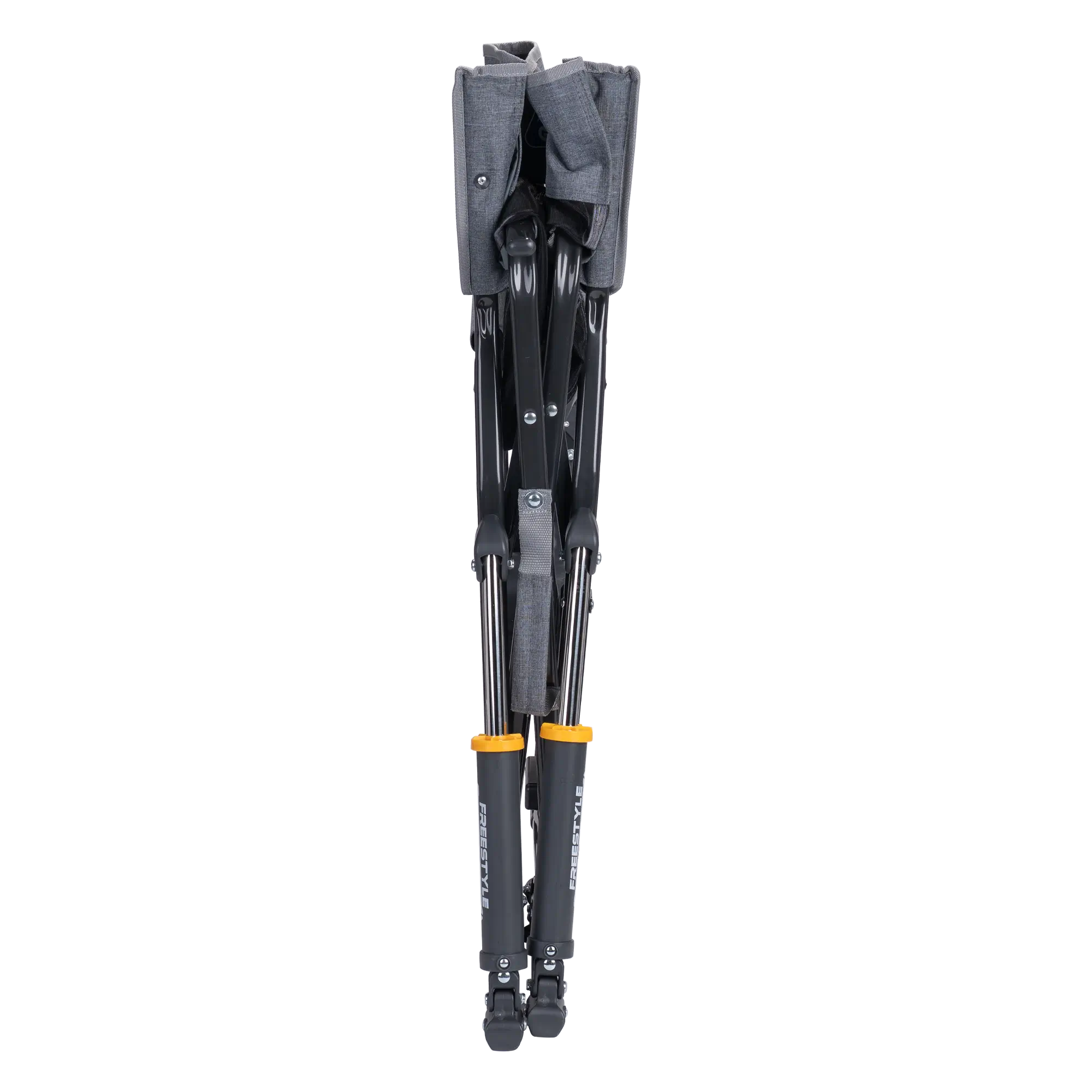 Folded backside of GCI Outdoor Heathered Pewter Freestyle Rocker with attached side table and labeled armrest.