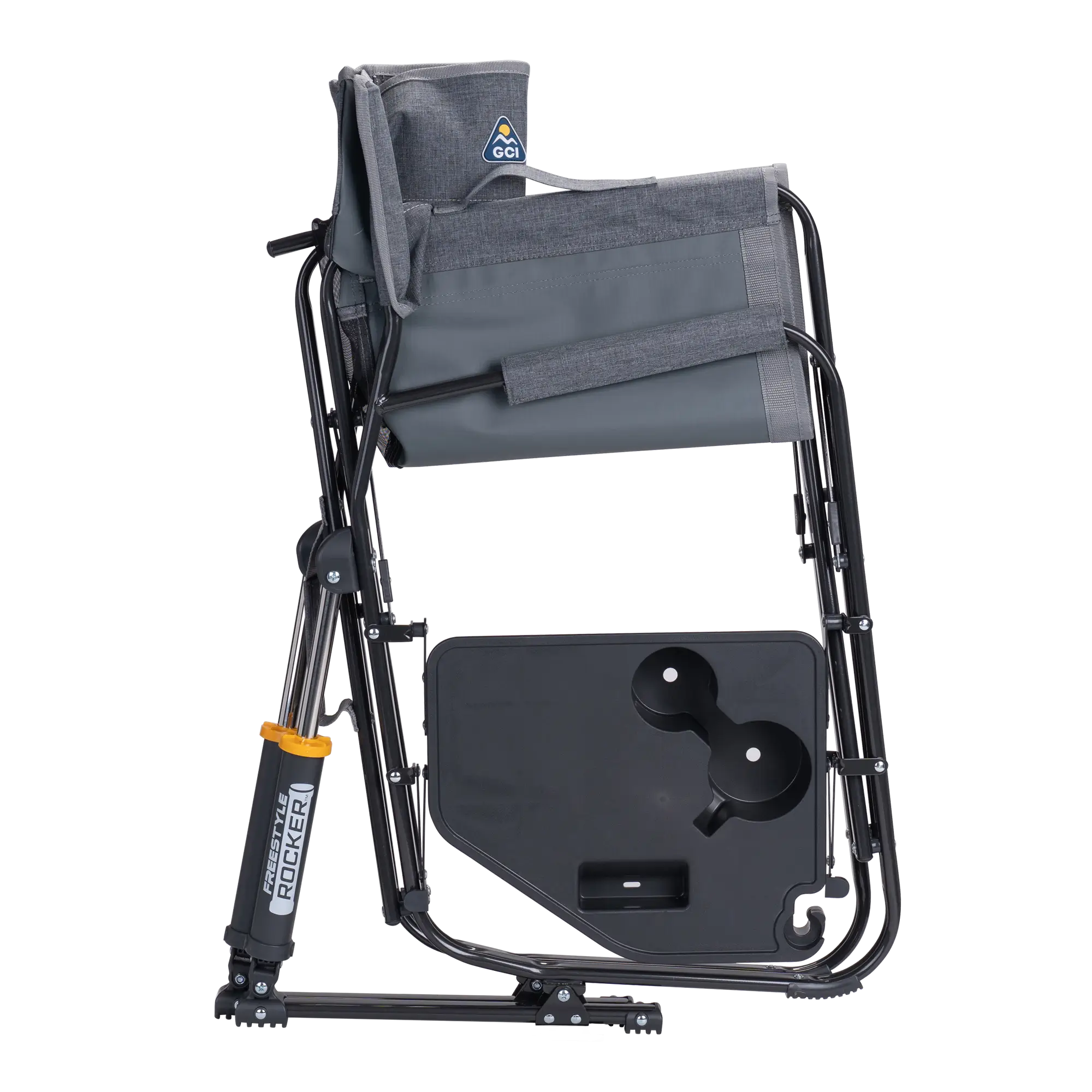 Folded GCI Outdoor Heathered Pewter Freestyle Rocker with attached side table and labeled armrest.