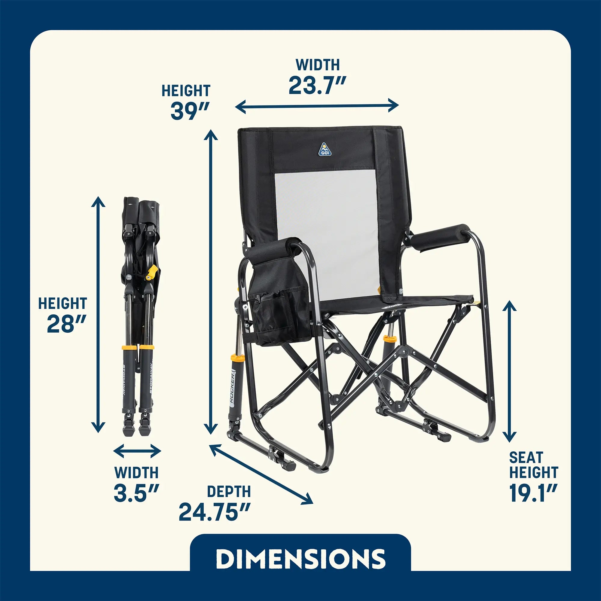 Dimensions of the black stowaway rocker chair.