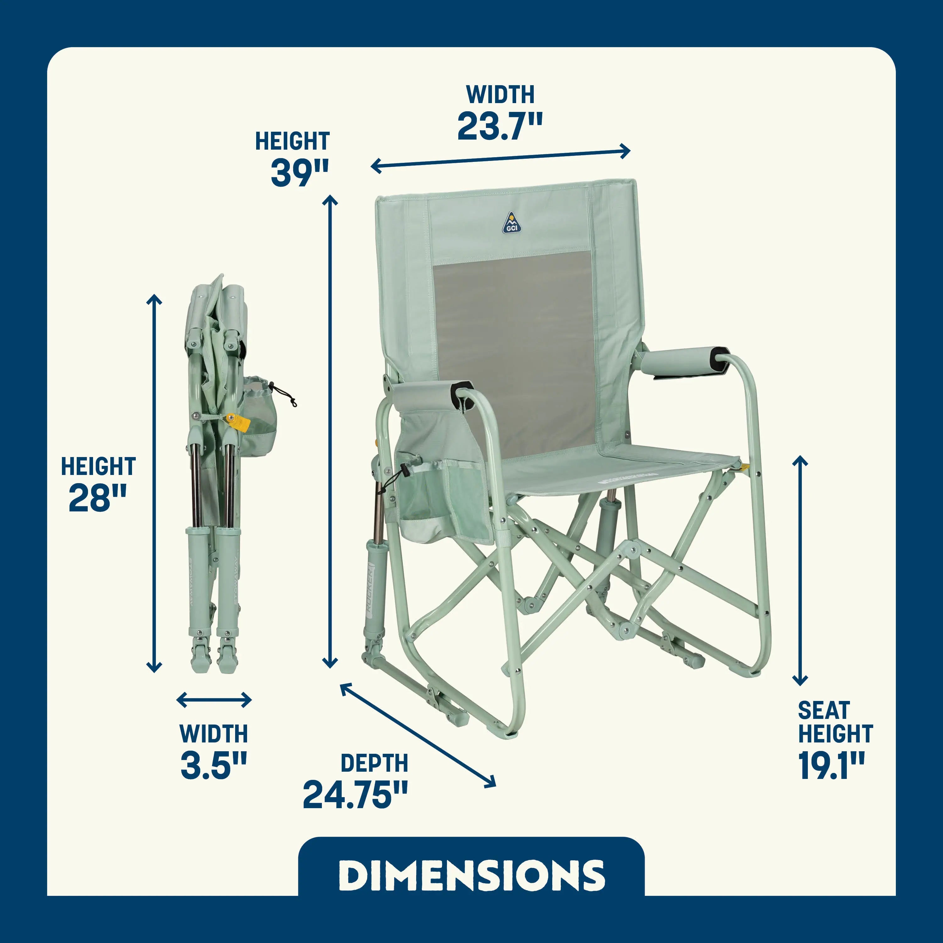 Stowaway Rocker shown open and folded, with compact frame, mesh panel, and labeled seat and chair dimensions.