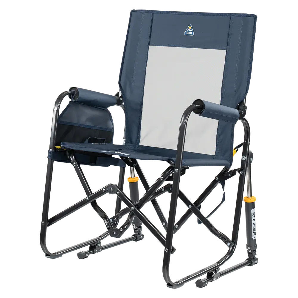 The front left side angle of the Denim Stowaway Rocker.