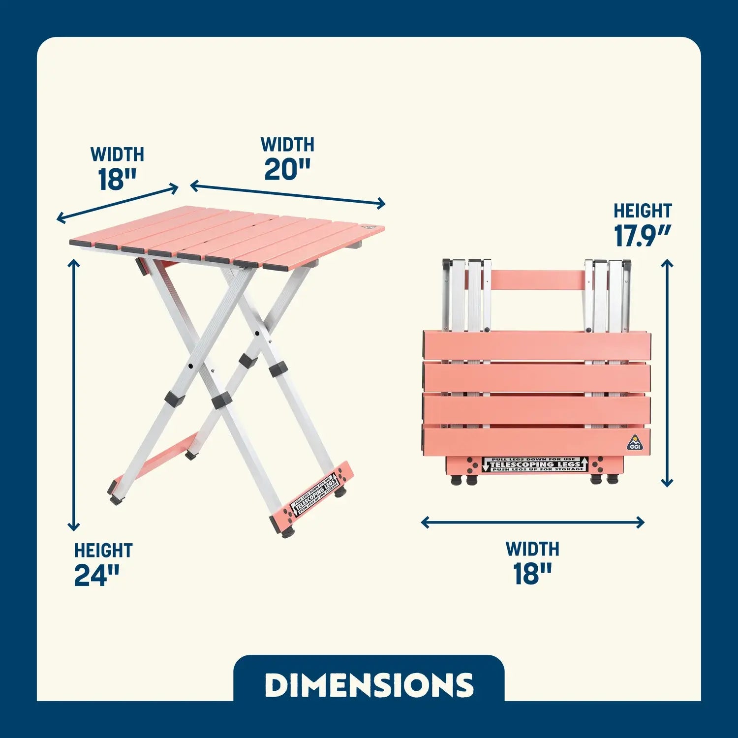 Dimension overview of the Compact Camp Table shown open and folded, with labeled height, width, and depth for both positions.