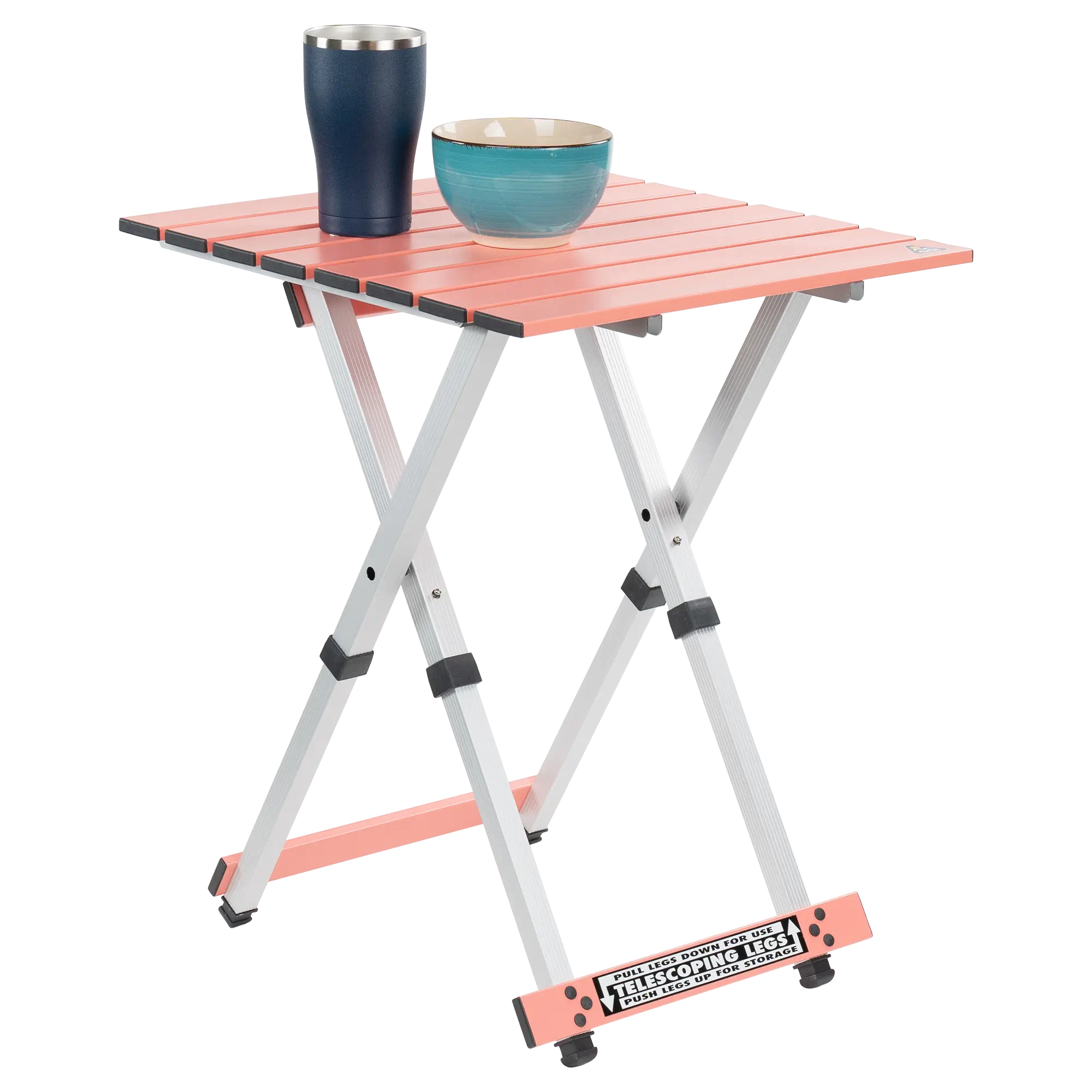 Compact Camp Table 20, Coral, Front Side Angle with Props