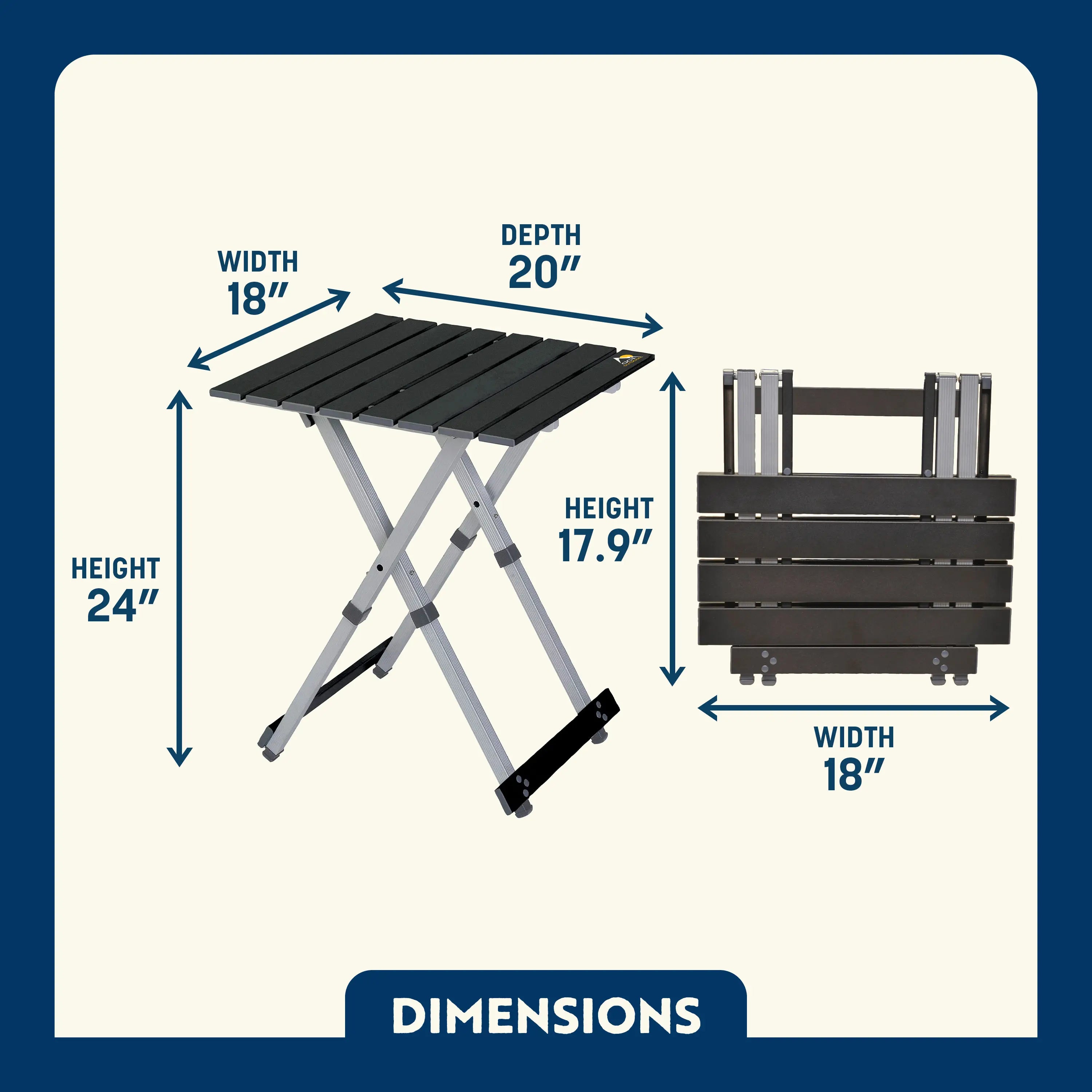 Dimension overview of the Compact Camp Table shown open and folded, with labeled height, width, and depth for both positions.