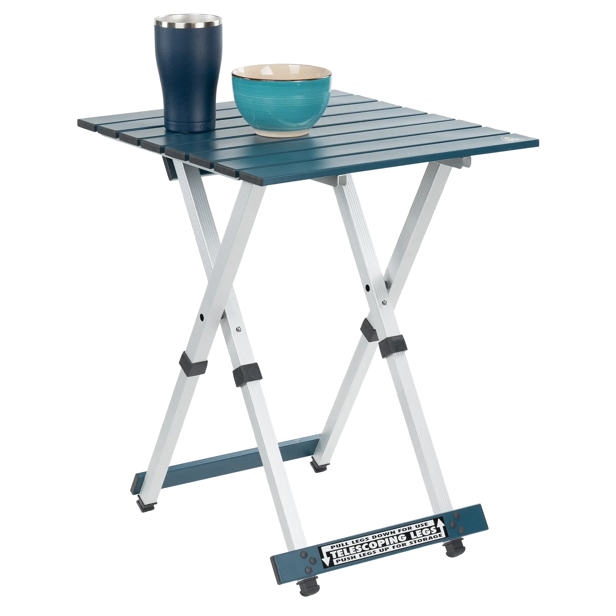 Compact Camp Table 20, Teal, Front Side Angle with Props