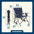 Kickback Rocker shown open and folded, with labeled height, width, depth, and seat height for easy reference.