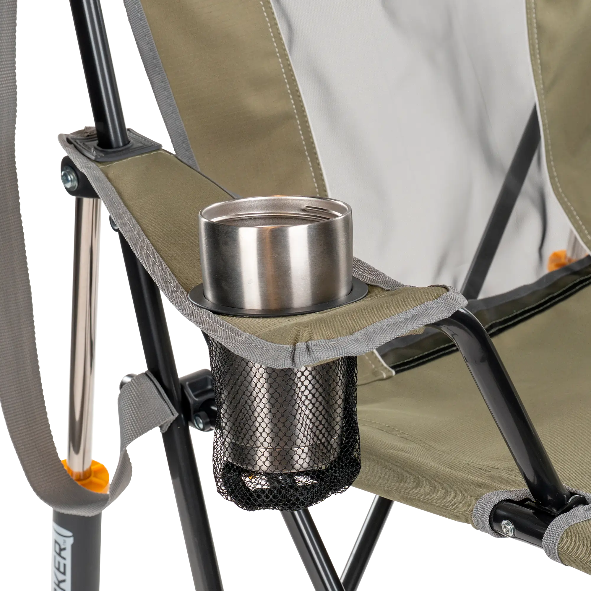 Up-close of the loden green comfort pro rocker cup holder.
