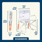 Snow Camo Freestyle Rocker Elite shown open and folded, featuring mesh back and cupholder; dimensions labeled.