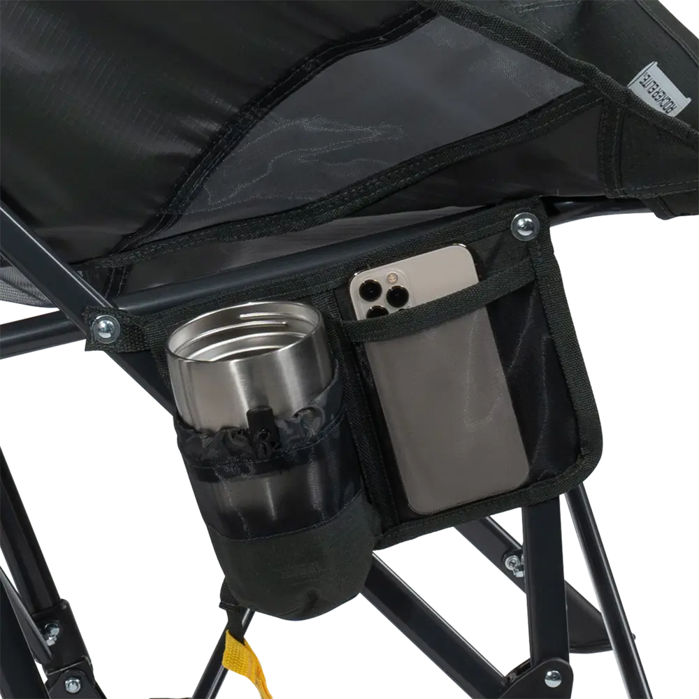 Phone holder and cup holder of the Dark Charcoal Pod Rocker Elite.