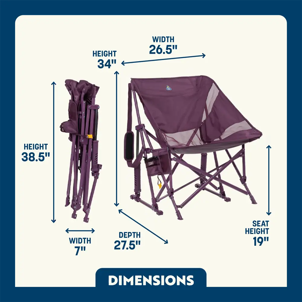 Pastel Amethyst Pod Rocker Elite shown open and folded, with labeled seat height, width, and depth; includes cup and phone holder.