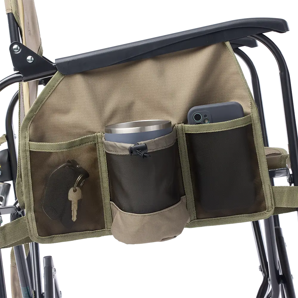 Camping chair with a side drink caddy attached, containing a cup, keys, and a phone.