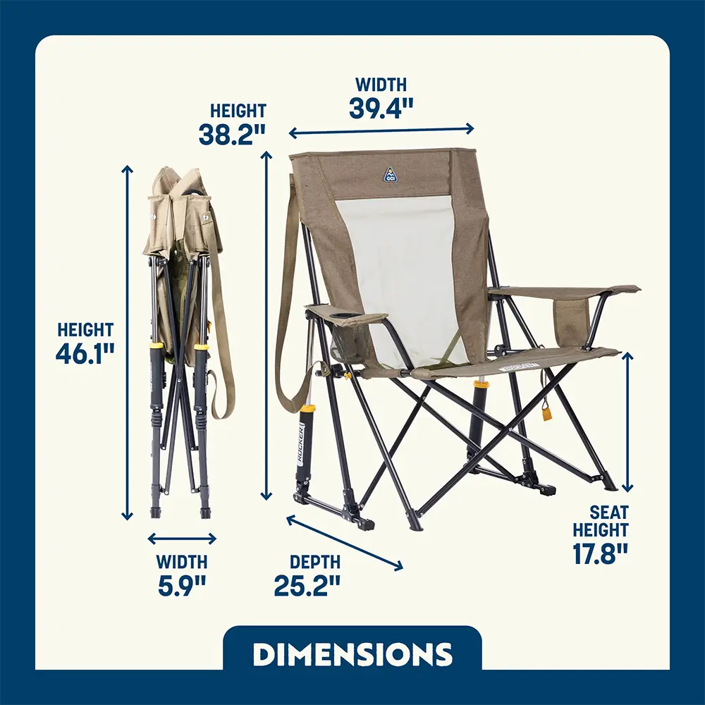 Tan Comfort Pro XL rocker shown folded and open, featuring wide seat, mesh back, and carry strap.
