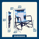 Dimension overview of the Beach Rocker chair, with labeled arrows indicating height, width, depth, and seat height.
