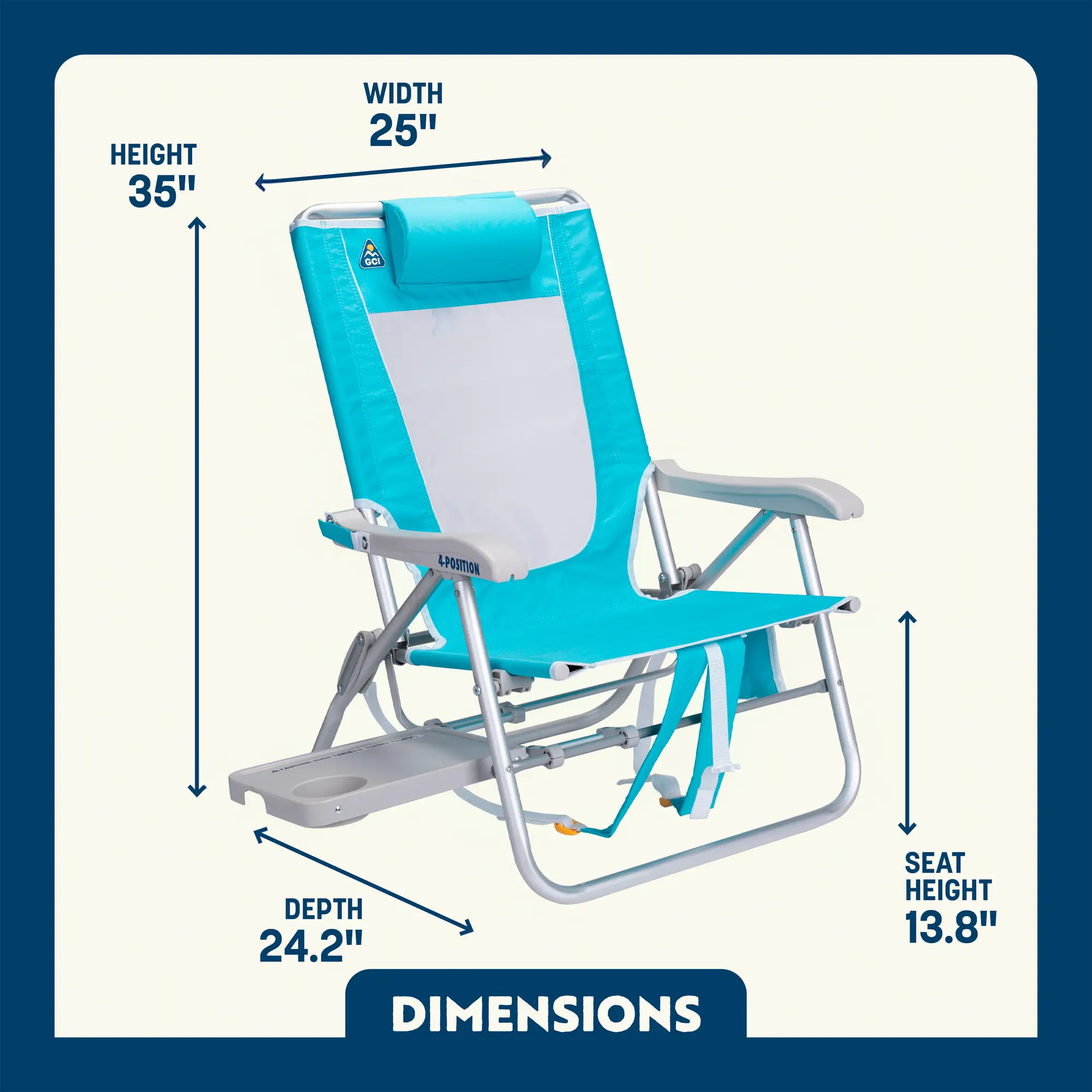 Dimension overview of the Big Surf Chair with Slide Table, showing labeled height, width, depth, and seat height.