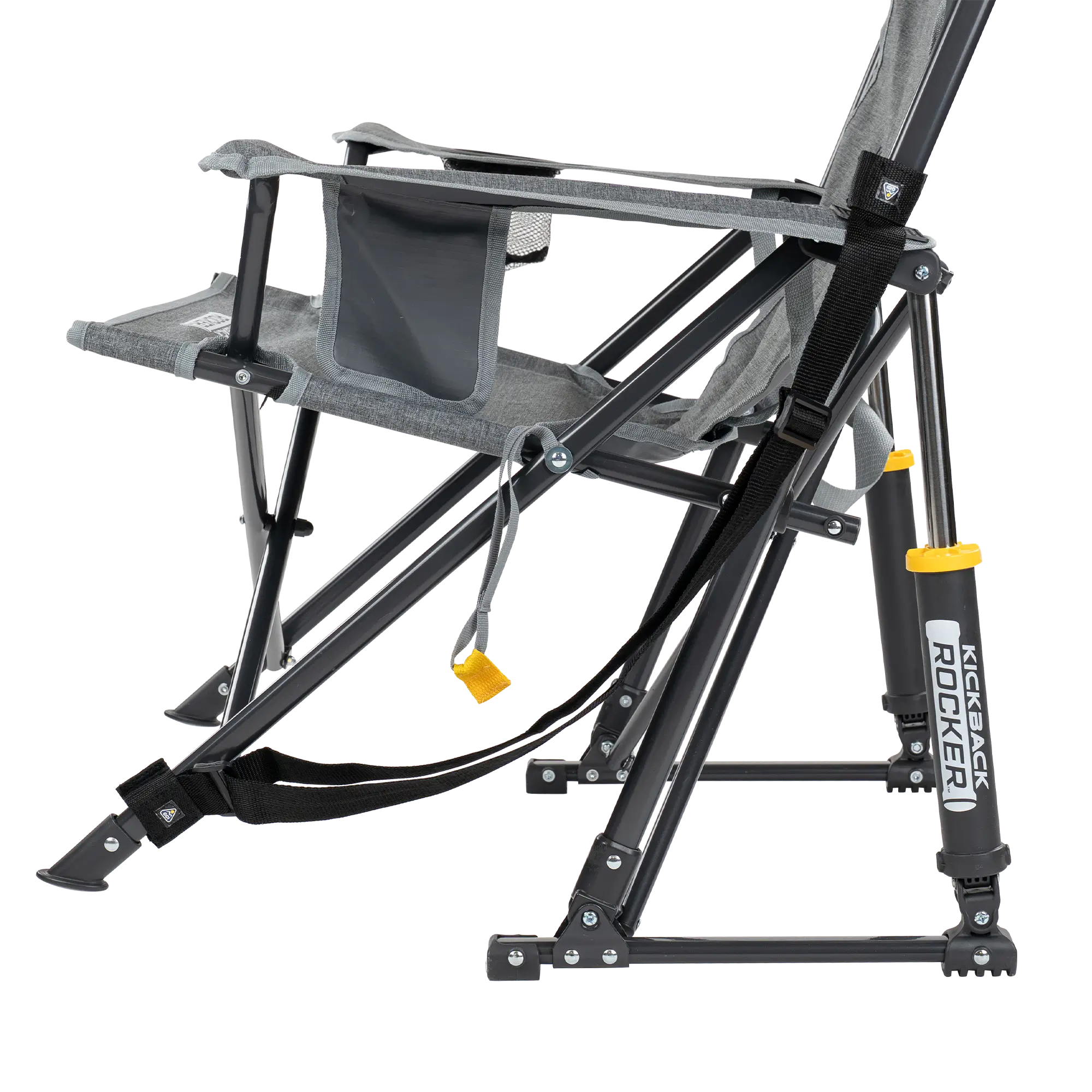 Side view of the gray kickback rocker chair showing the spring-action technology.