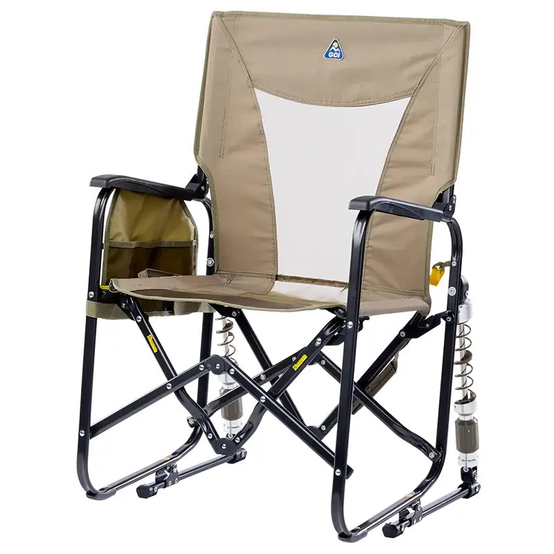 Aged fatigue camping chair with an adjustable spring rocker on a white background