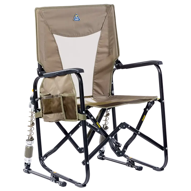 Aged fatigue camping chair with black frame and drink holder on a white background