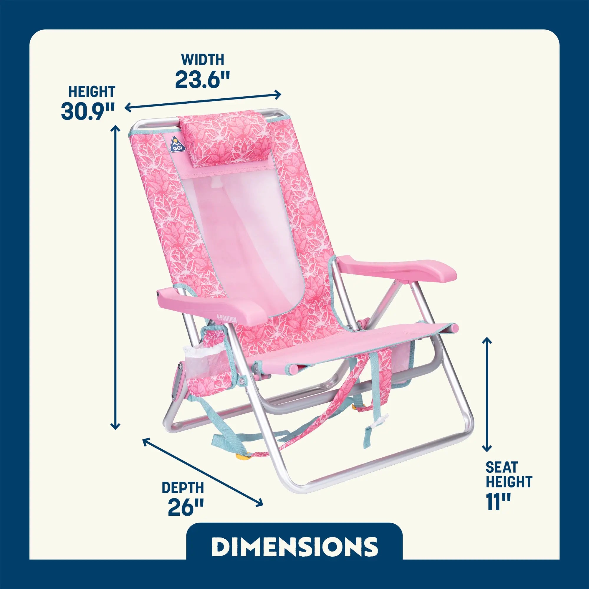 A dimensions overview of the Pink Lotus Backpack Beach Chair.