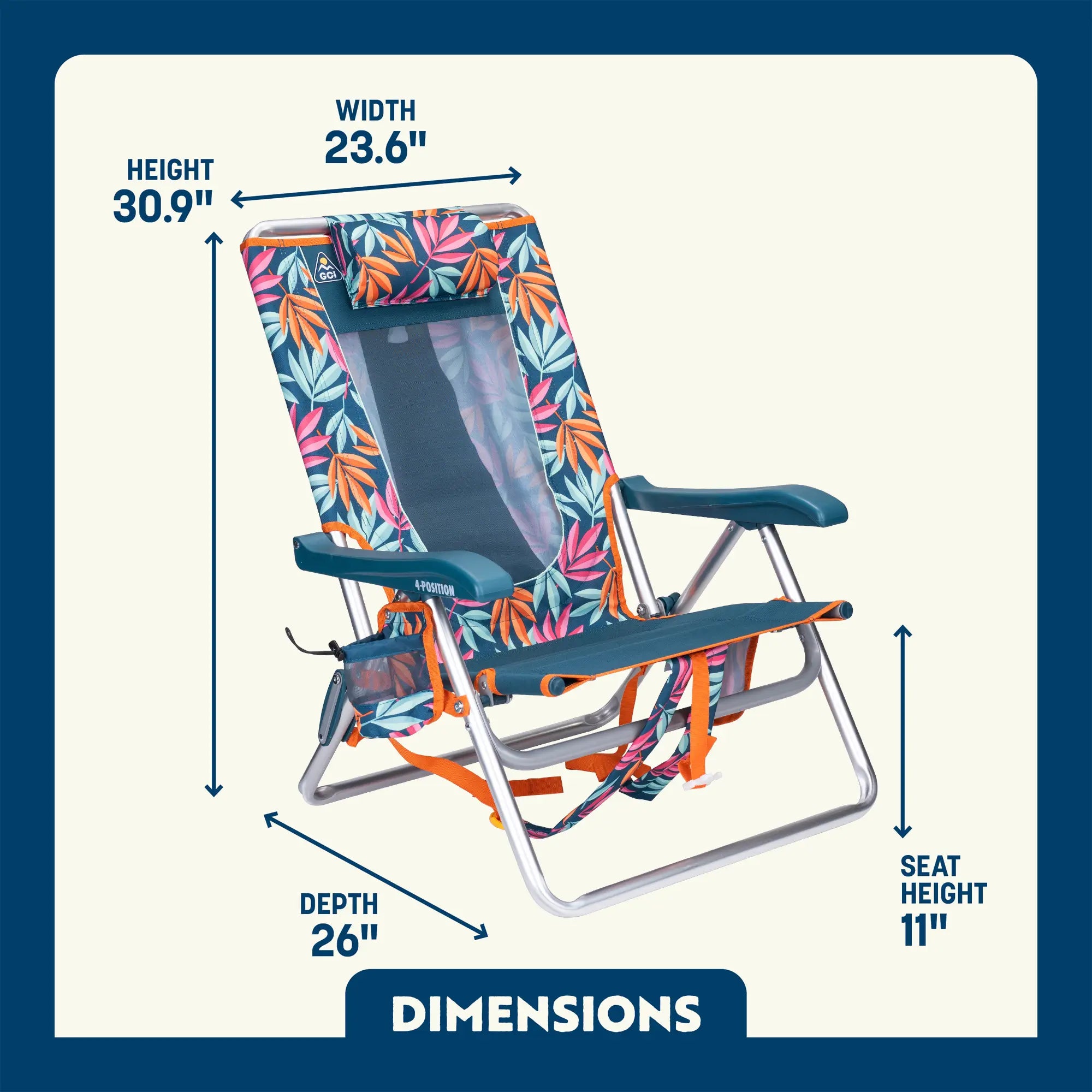 A dimensions overview of the Tropical Escape Backpack Beach Chair.