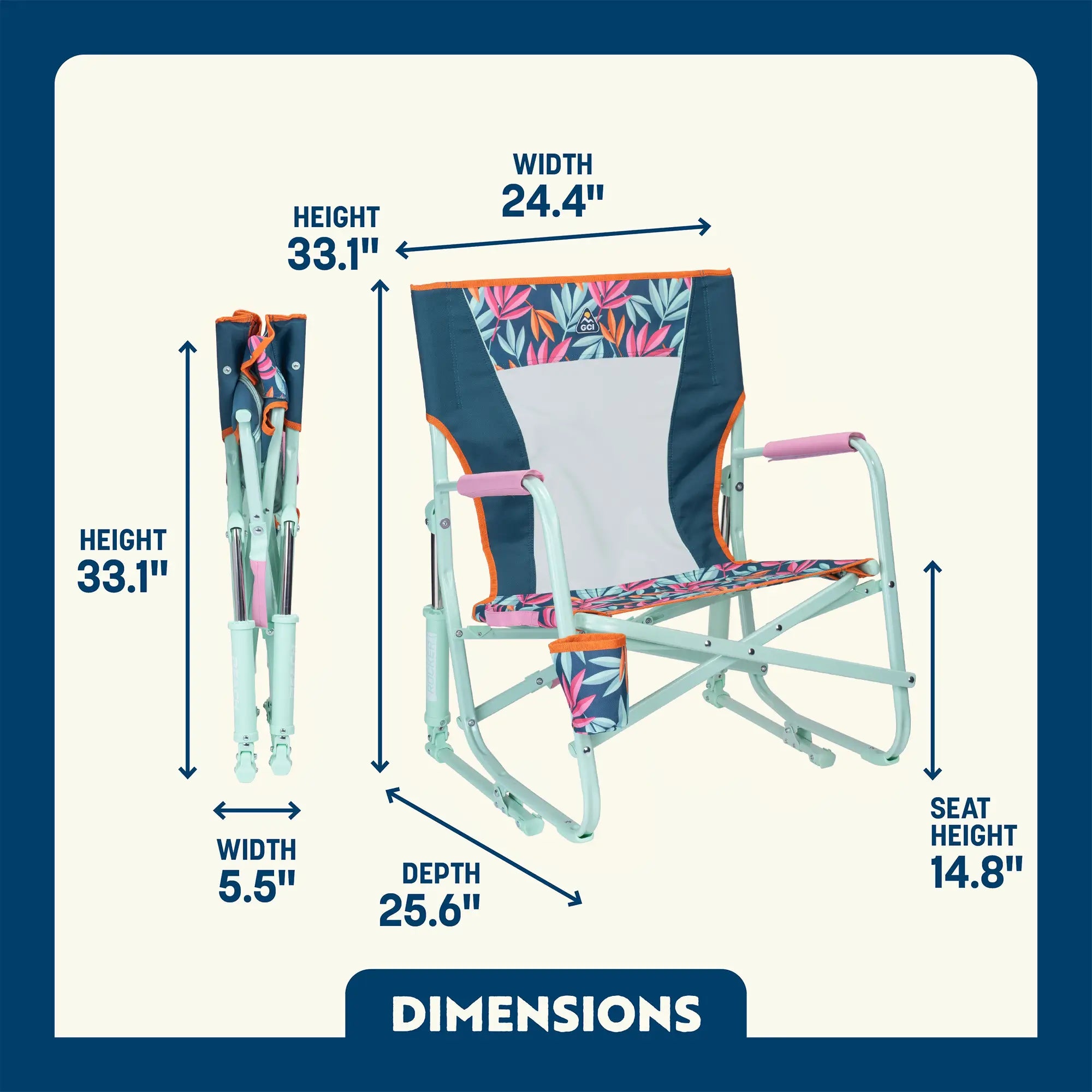 A dimensions overview of the Tropical Esape Beach Rockers chair.