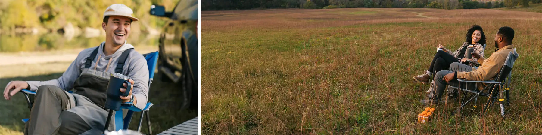 Left: Man sitting in an Eazy Chair by a lake, holding a cup and smiling. Right: Two people relaxing in Kickback Rockers in a grassy field, chatting and drinking.
