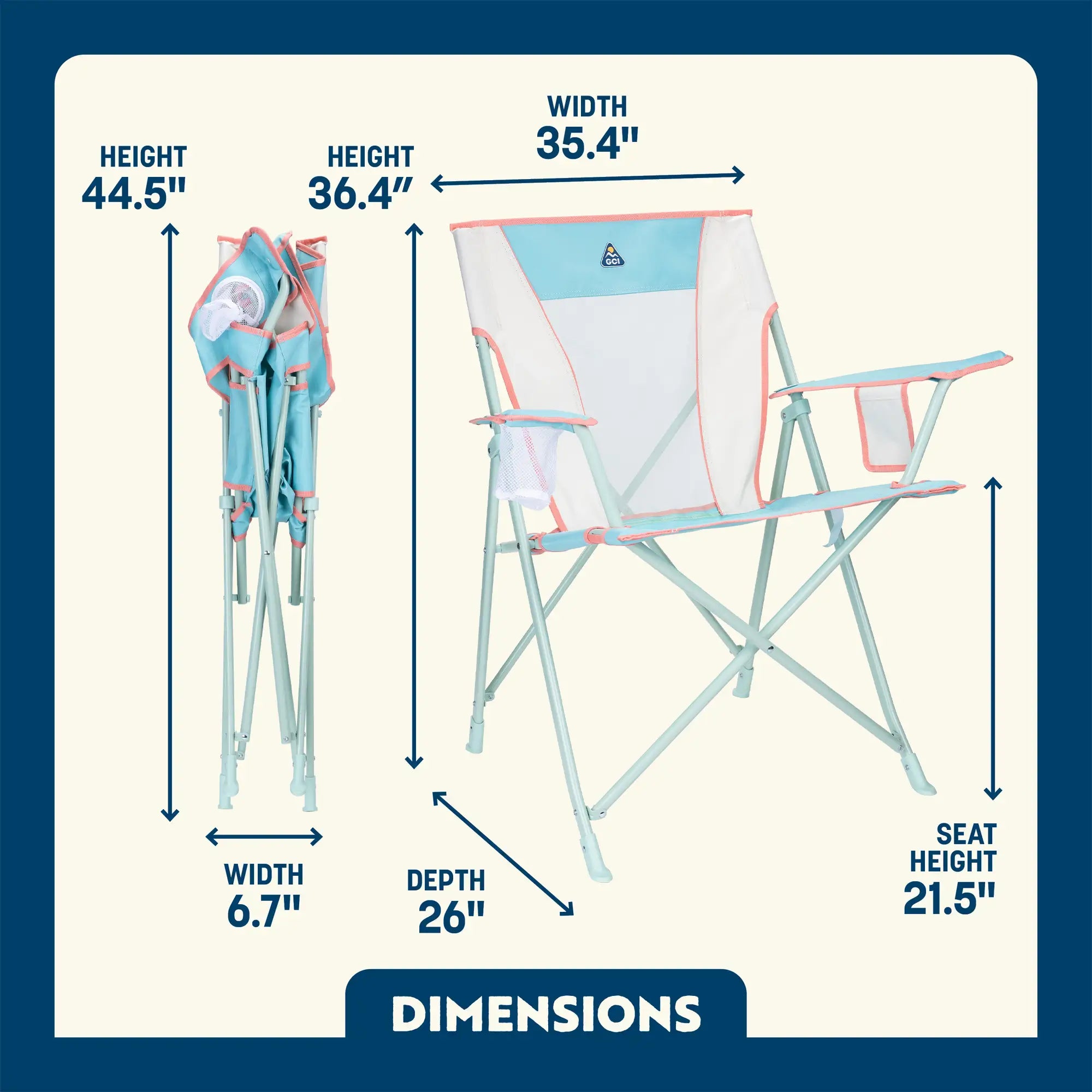 An ivory Comfort Quad Chair shown with overlaid dimension labels and arrows indicating height, width, depth, and seat height on a cream background with a dark blue border.