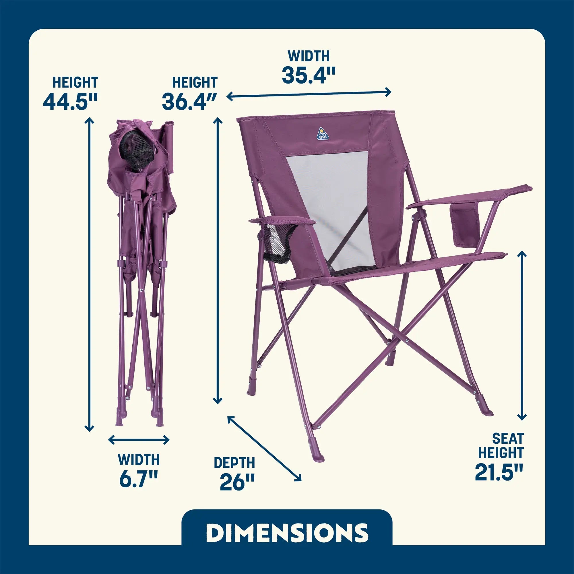 An amythst Comfort Quad Chair shown with dimension callouts for height, width, depth, and seat height on a light beige background with a dark blue border.