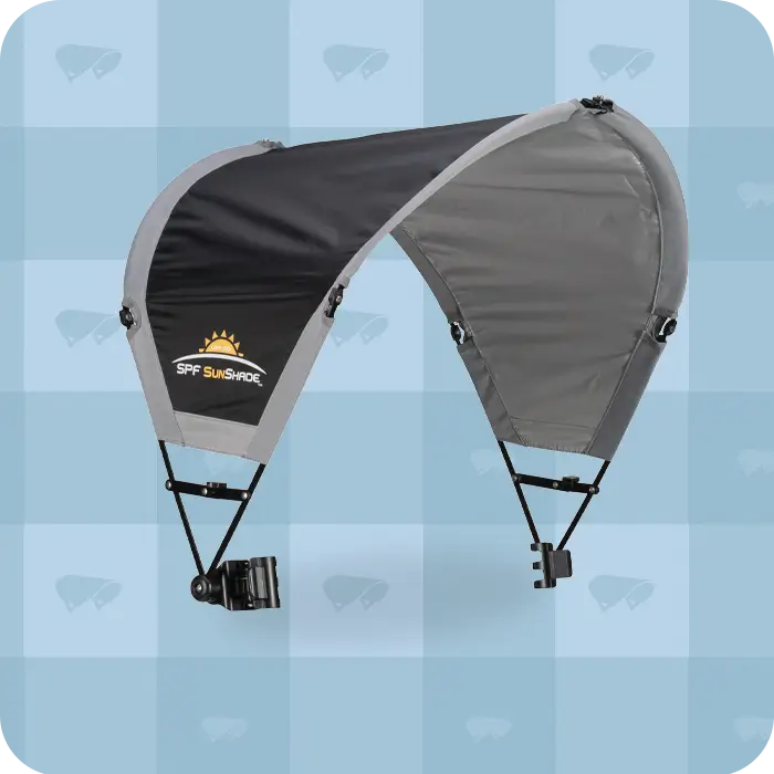 A sunshade accessory in front of a patterned background.