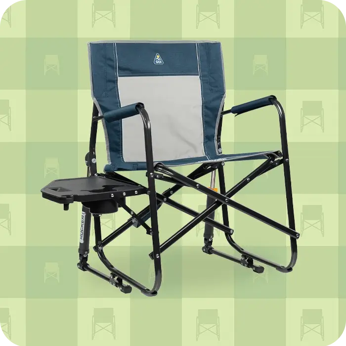 A freestyle rocker xl with side table in front of a patterned background.