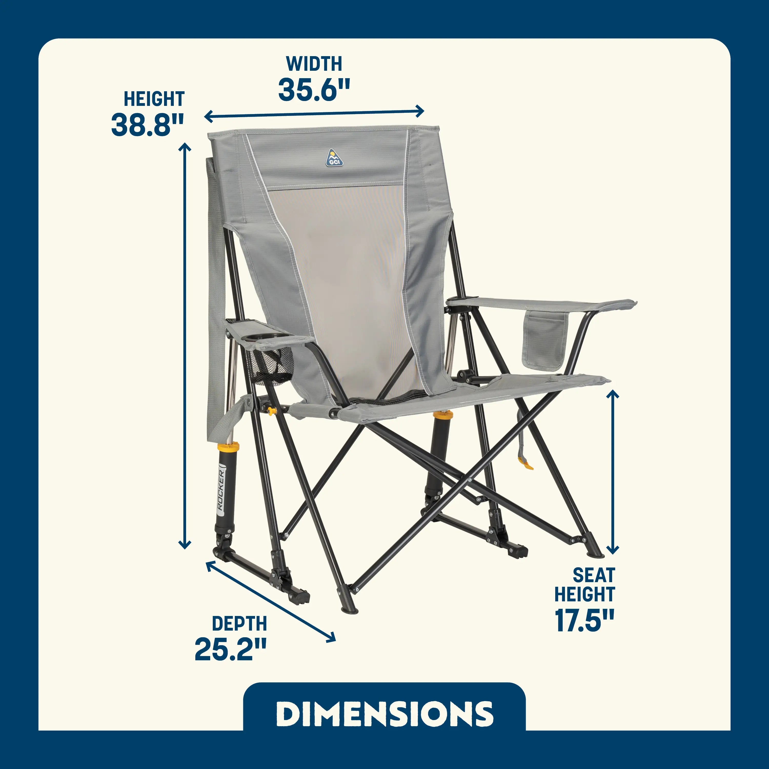 Mercury Gray Comfort Pro Rocker with cupholder showing the dimensions.